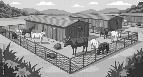Farm animals in enclosures with rustic buildings and mountains in background.