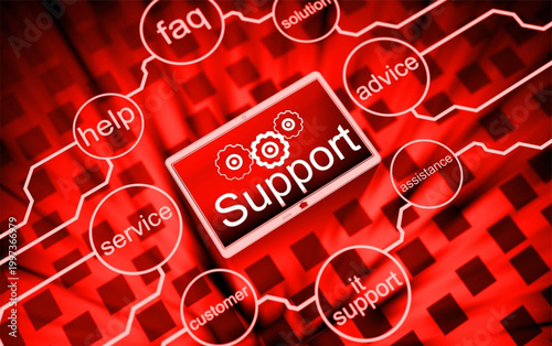 Red support concept with help and service keywords on a digital background with gear icon