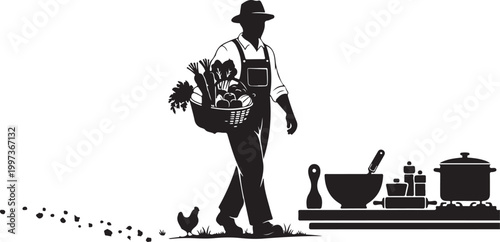 Black silhouette of farmer with basket of vegetables