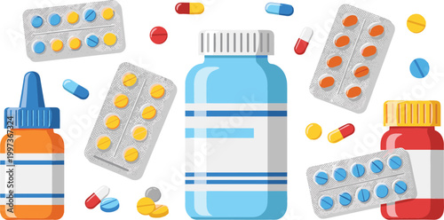Medicine bottles with pills capsules and blister packs scattered around, pharmaceutical healthcare concept with prescription drugs and supplements vector illustration
