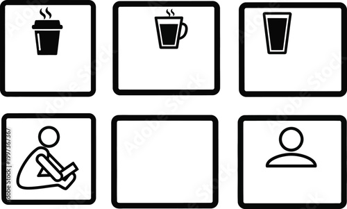 Coffee Break Icons: Hot Drink, Mug, Glass, Reading, Person Silhouette