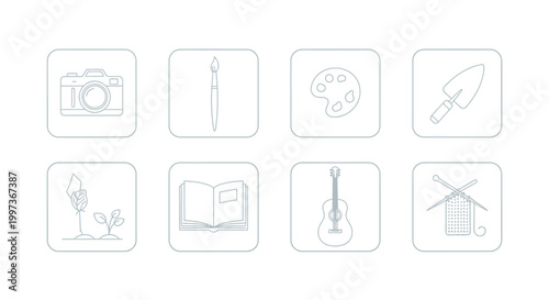 Set of minimalist outlined icons representing various creative and recreational activities