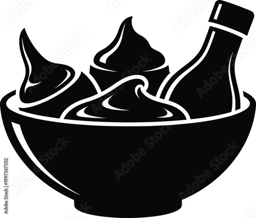 Black bowl with condiments and bottle white