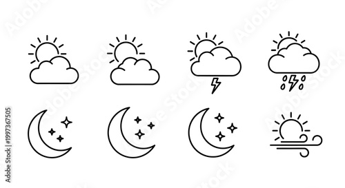 Weather icon set depicting various conditions using simplistic graphic design on white background