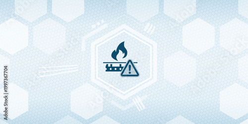 Industrial danger icon featuring a flame and warning sign on a technical hexagonal grid background representing fire safety and risk management in manufacturing environments.