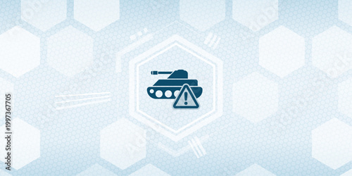 Digital representation of a military tank combined with a warning symbol on a futuristic technological hexagonal background for cyber security and defense concepts