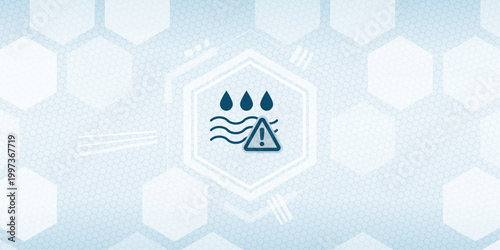 Abstract flood warning icon representing water hazard and overflow risks on a modern technological hexagonal background