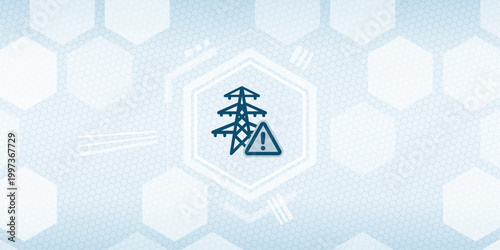 Conceptual graphic of a high voltage power transmission tower with an attention warning symbol on a digital futuristic hexagonal background representing power grid failure.