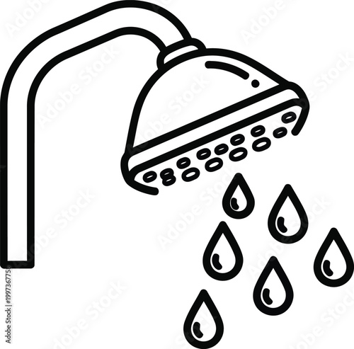 Shower Head Dripping Water Drops Line Art Icon Simple Vector