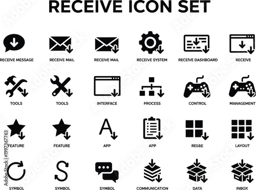 Collection of black receive icons for web development and software user interface navigation system elements