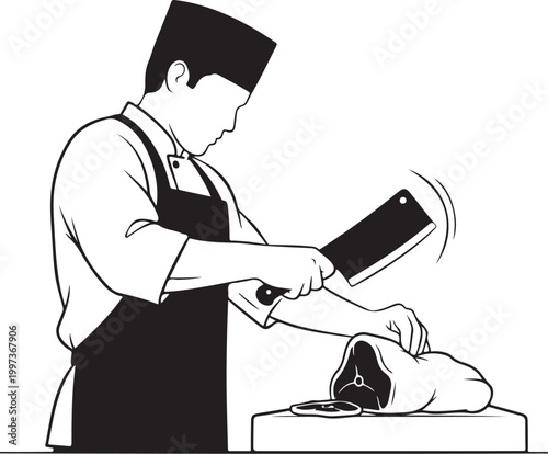 Photos Butcher cutting meat with cleaver on block chef