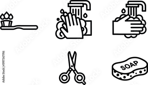 Hygiene Icons: Toothbrush, Washing Hands, Scissors, Soap, Cleanliness Symbols