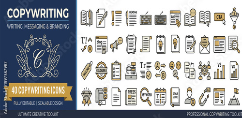 40 copywriting icons set featuring writing, messaging, branding, marketing, content creation, and SEO