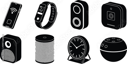 A collection of various vintage and modern speakers and audio equipment, vector illustration featuring retro radios, classic speakers, amplifiers, and modern sound systems, ideal for music, audio tech