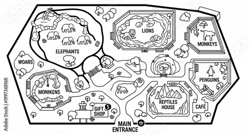 Zoo Map Layout with Animal Enclosures and Facilities.