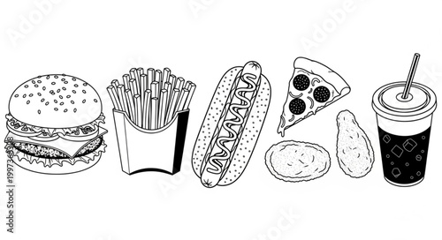 Collection of Hand Drawn Fast Food Items.