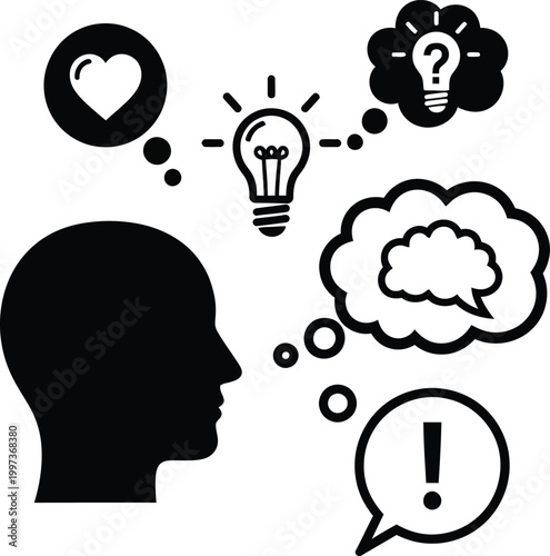 Human Head Silhouette with Thought Bubbles: Idea, Question, Heart, Exclamation