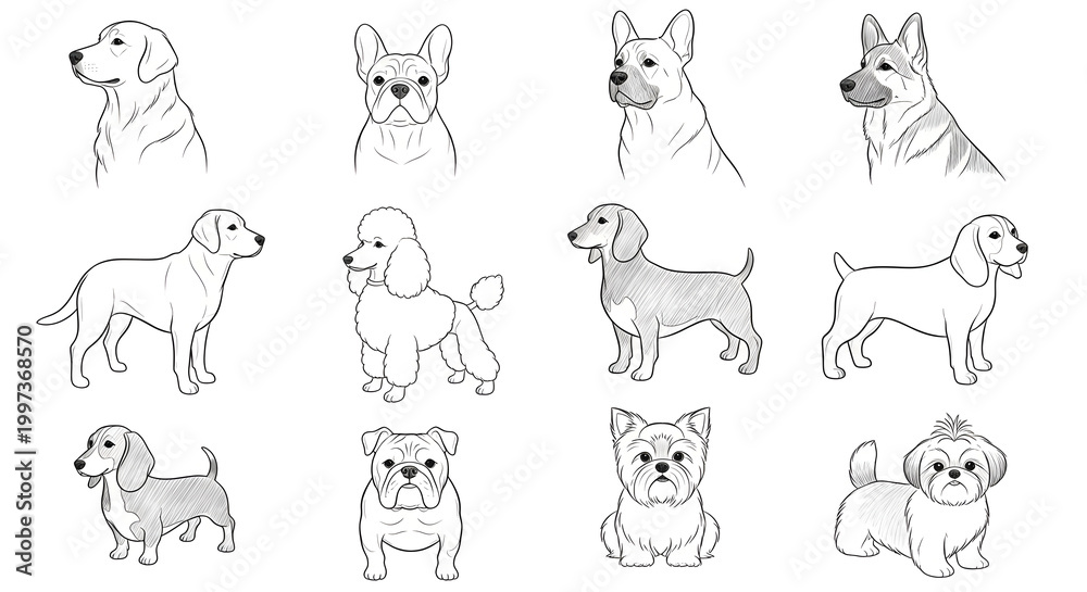 Fototapeta premium A set of flat vector illustrations of popular dog breeds. Minimalistic black pencil drawing style. 