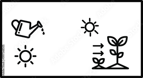 Gardening icons: watering plants, sunlight, and plant growth