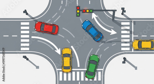 Busy Intersection With Cars And Traffic Lights.