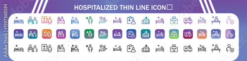 flat design hospitalized patient care thin line icons set on blue gradient background, Modern vector illustration of hospitalized patient care icons, ideal for healthcare apps, medical websites,