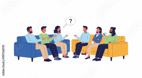 Diverse group of people sitting on couches having a discussion while trying to solve a problem with professional communication