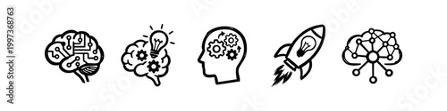 Hand-drawn icon set for innovation, artificial intelligence, and brainstorming. Features sketches of brain circuits, gears, a rocket ship, and neural network connectivity concepts.