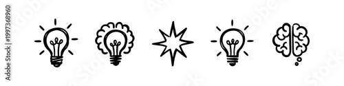 Set of hand-drawn doodle icons representing ideas, brain power, and creativity. Black ink sketches of light bulbs and brains isolated on white background for business and education concepts.