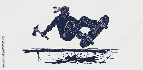 Indigenous skateboarder doing a trick in a dark blue minimalist vector for streetwear design