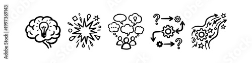 Hand-drawn doodle icons illustrating the creative process, brainstorming, teamwork, and strategic growth. Black and white sketch set featuring a brain, lightbulb, gears, and success arrows.