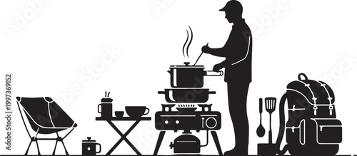 Man cooking outdoors with camping gear outdoor cooking stove