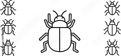 Minimalist Beetle Icons: Central Large Insect and Side Groups