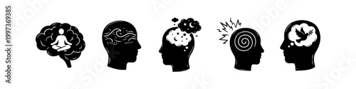 Mental health icon set featuring silhouettes representing meditation, calmness, dreaming, stress, and inner peace. Minimalist black and white vector illustration of psychological states.