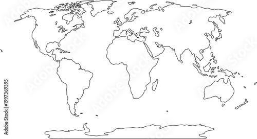 Minimalist World Map Outline Vector Illustration with Continents and Antarctica
