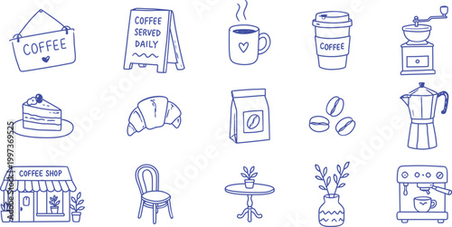 Hand Drawn Coffee Icons Set – Cafe Line Art Illustrations, Coffee Shop Elements, Barista Tools, Minimal Doodle Style