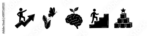 Set of black hand-drawn icons representing personal growth, success, transformation, and a growth mindset. Minimalist doodles for business, learning, and self-improvement concepts.