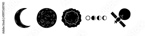 Hand-drawn space icon set with crescent moon, full moon, sun, lunar phases, and a satellite. Minimalist black ink doodles of celestial bodies for astronomy and cosmos themed designs.