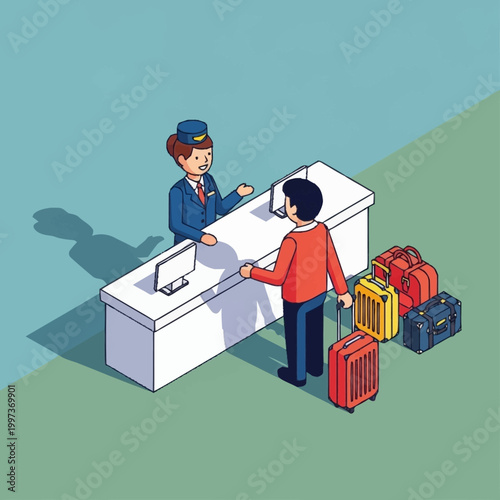 Man checking in at airport with luggage.