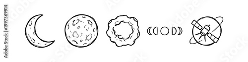 Hand-drawn astronomy doodle set with moon phases, asteroid, and satellite. Minimalist black and white sketch style for space-themed designs, science projects, and astronomical illustrations.