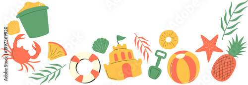 Summer Fun Beach Border Illustration With Tropical Seaside Frame, Playful Ocean Elements for Holiday Vacation Background and Decoration. Vector Isolated