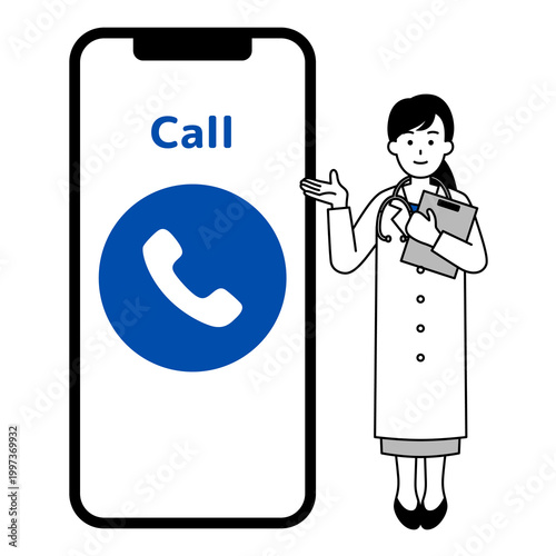 大きいスマートフォンで電話を案内する医師の女性