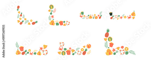 Set of Summer Fun Beach Border Illustration With Tropical Seaside Frame, Playful Ocean Elements for Holiday Vacation Background and Decoration. Vector Set