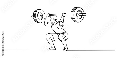 Continuous single line drawing of a strong man lifting a heavy barbell during a workout exercise in the gym for fitness and health Vector, illustration