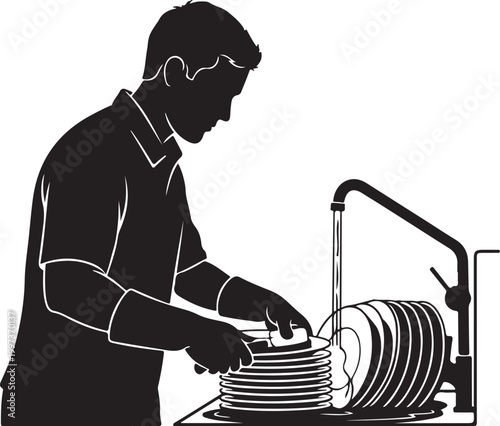 Man washing dishes in kitchen sink with stack of plates