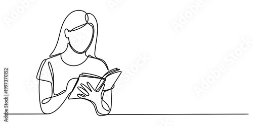Continuous single line drawing of a young woman reading a book with focus and concentration for education and leisure concept art Vector, illustration