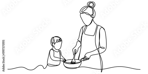 A continuous one line drawing of a mother and her young child cooking together in the kitchen with a bowl and spoon in their hands Vector, illustration