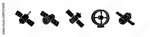 Set of hand-drawn black and white satellite and space technology icons in a doodle style. Ideal for science, communication, and exploration themes. Minimalist vector illustration on white background.