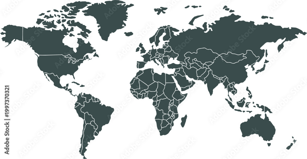 Obraz premium Global Continents Outline World Map Vector Illustration With Country Border