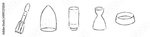 Hand-drawn black ink sketch of space rocket components: full rocket, nose cone, fuel tank, engine nozzle, and interstage. Minimalist aerospace icons isolated on white background.