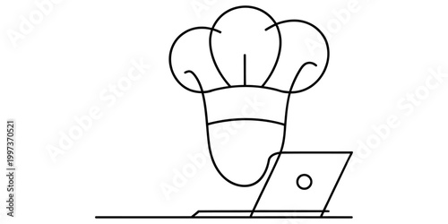 Chef hat icon with a laptop computer representing online cooking classes and digital culinary training for home kitchen education Vector, illustration